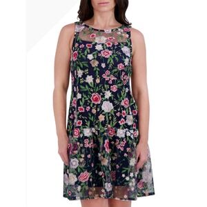 Kensie Navy Floral Embroidered Sheer Mesh Drop Waist Dress Size‎ 6